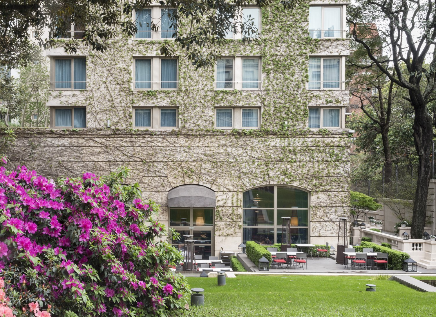 Un gran edificio de piedra con flores de color púrpura frente a él