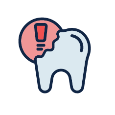 A broken tooth with a red circle containing an exclamation point, indicating a dental problem.