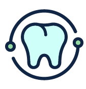 Tooth icon within a dark blue circle with green dots, on a light blue background.