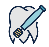 Tooth being drilled by a dental tool; illustration in blue, gold, and white.