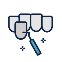 Teeth being cleaned with a dental tool. Illustration with blue, gray, and white colors.