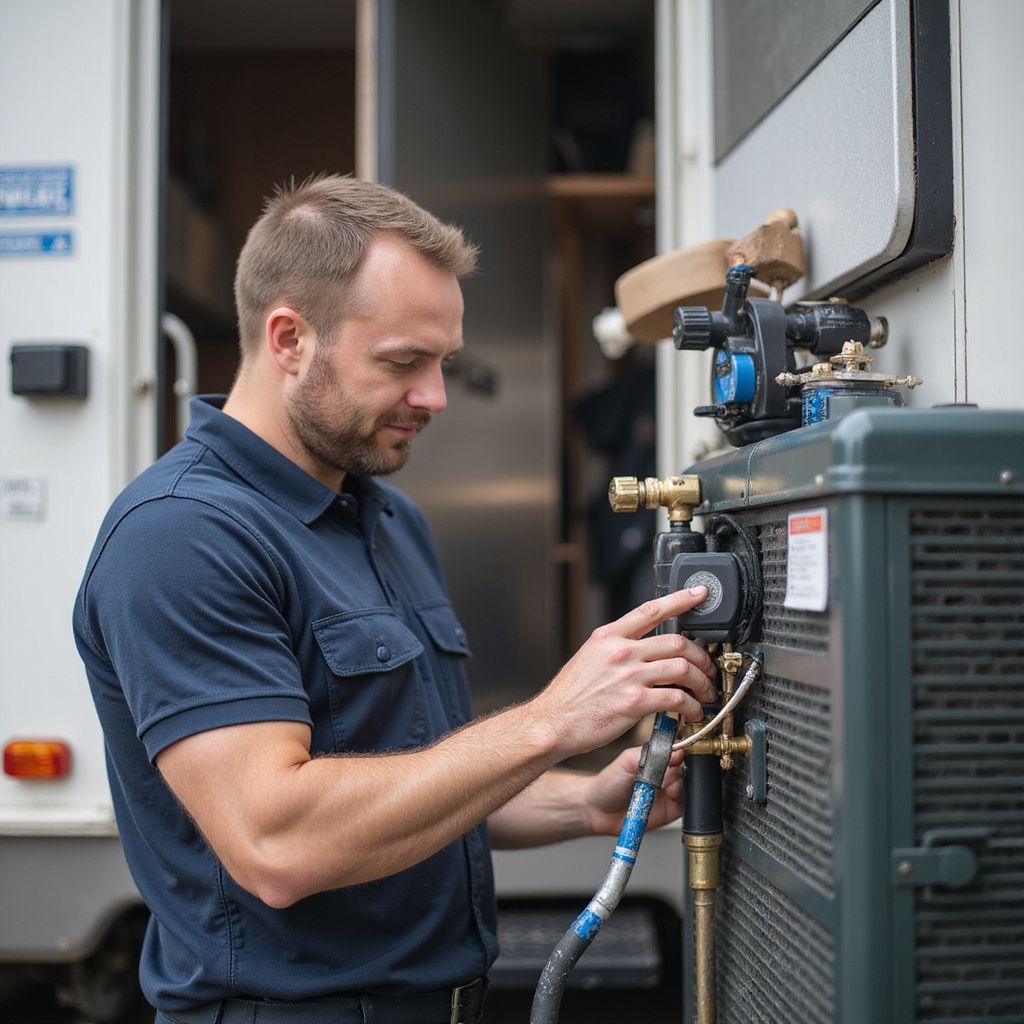 Man in blue shirt working on a machine attached to the side of a recreational vehicle.