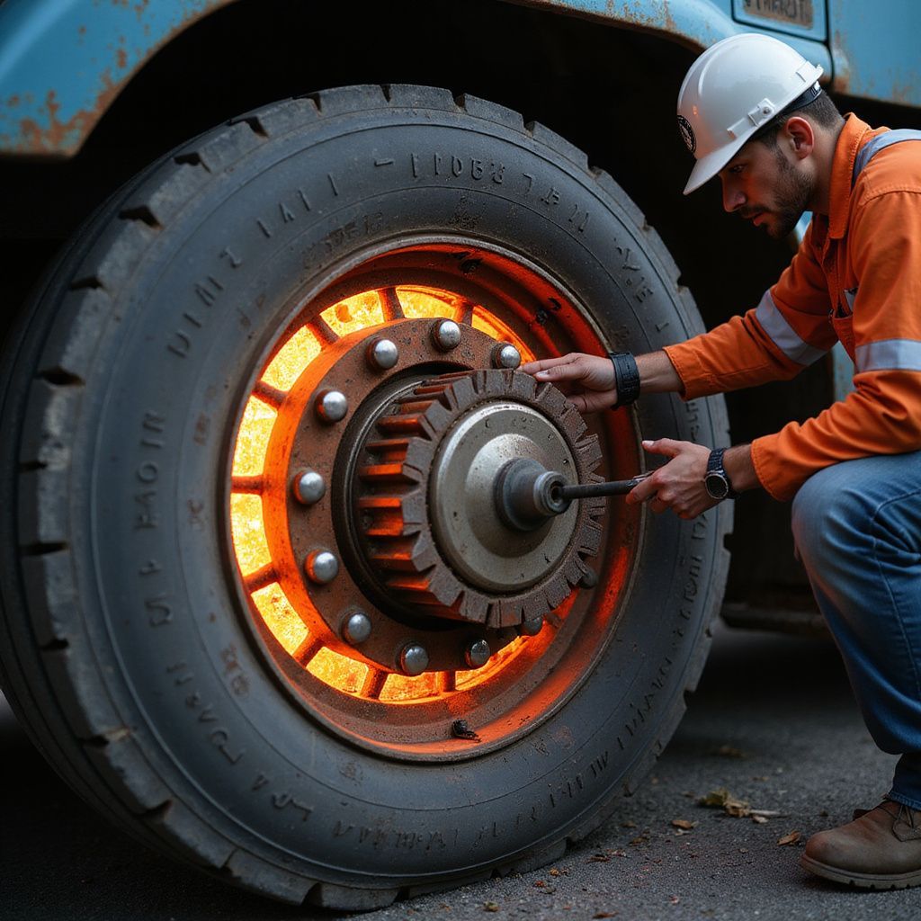 Mechanic in orange coveralls tightens the wheel of a large truck. Wheel is orange with a large tire.