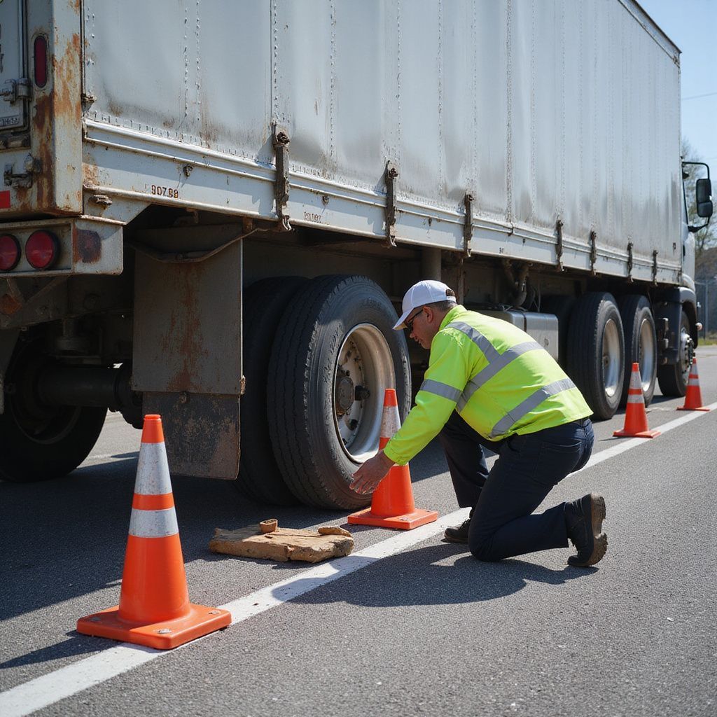 Trucker kneels by truck tire, placing cones. He wears a reflective vest and white hat on a sunny road.