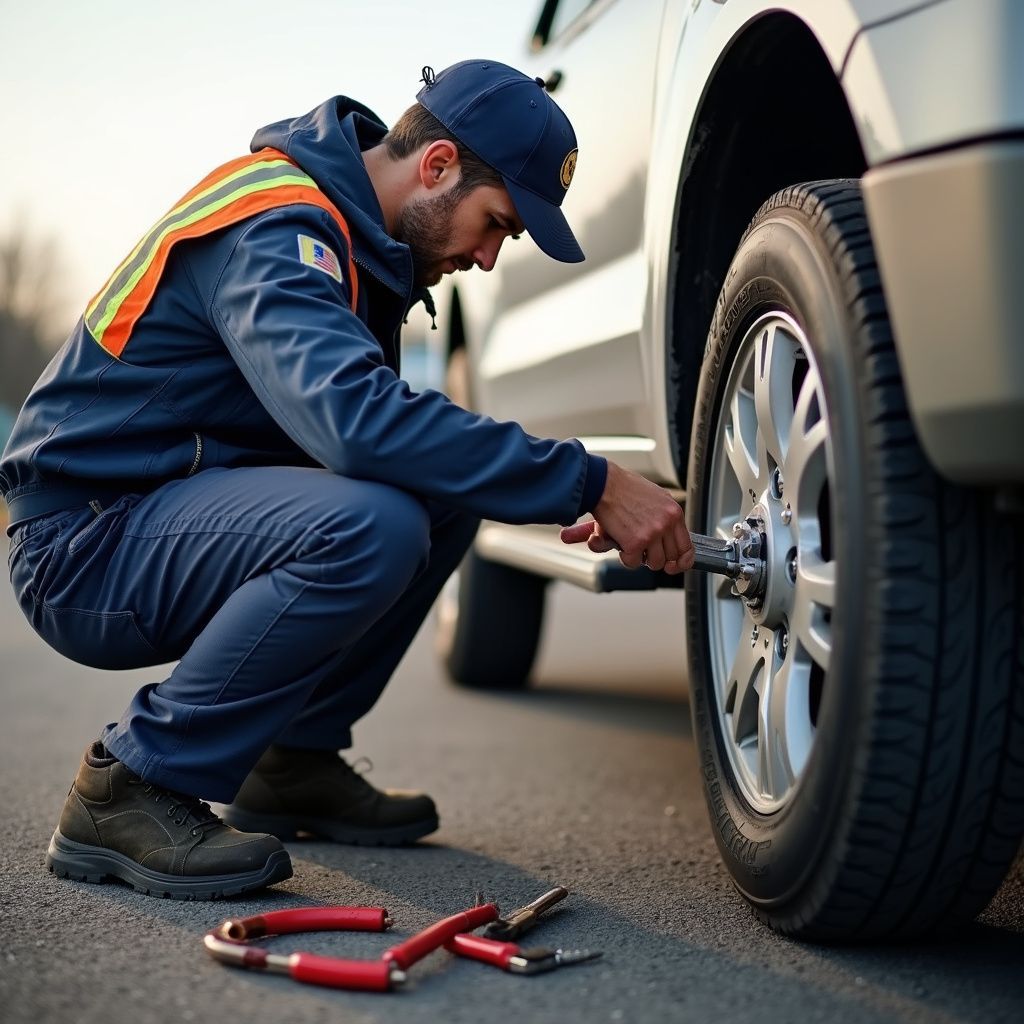 Mechanic in blue coveralls changing a tire on a silver vehicle; tools on the ground.
