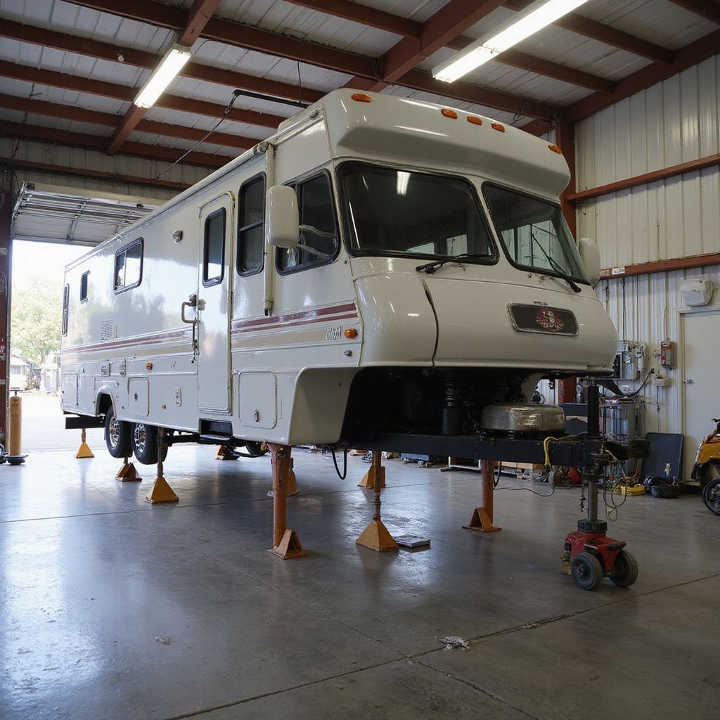 White RV, raised on jacks, inside a garage.