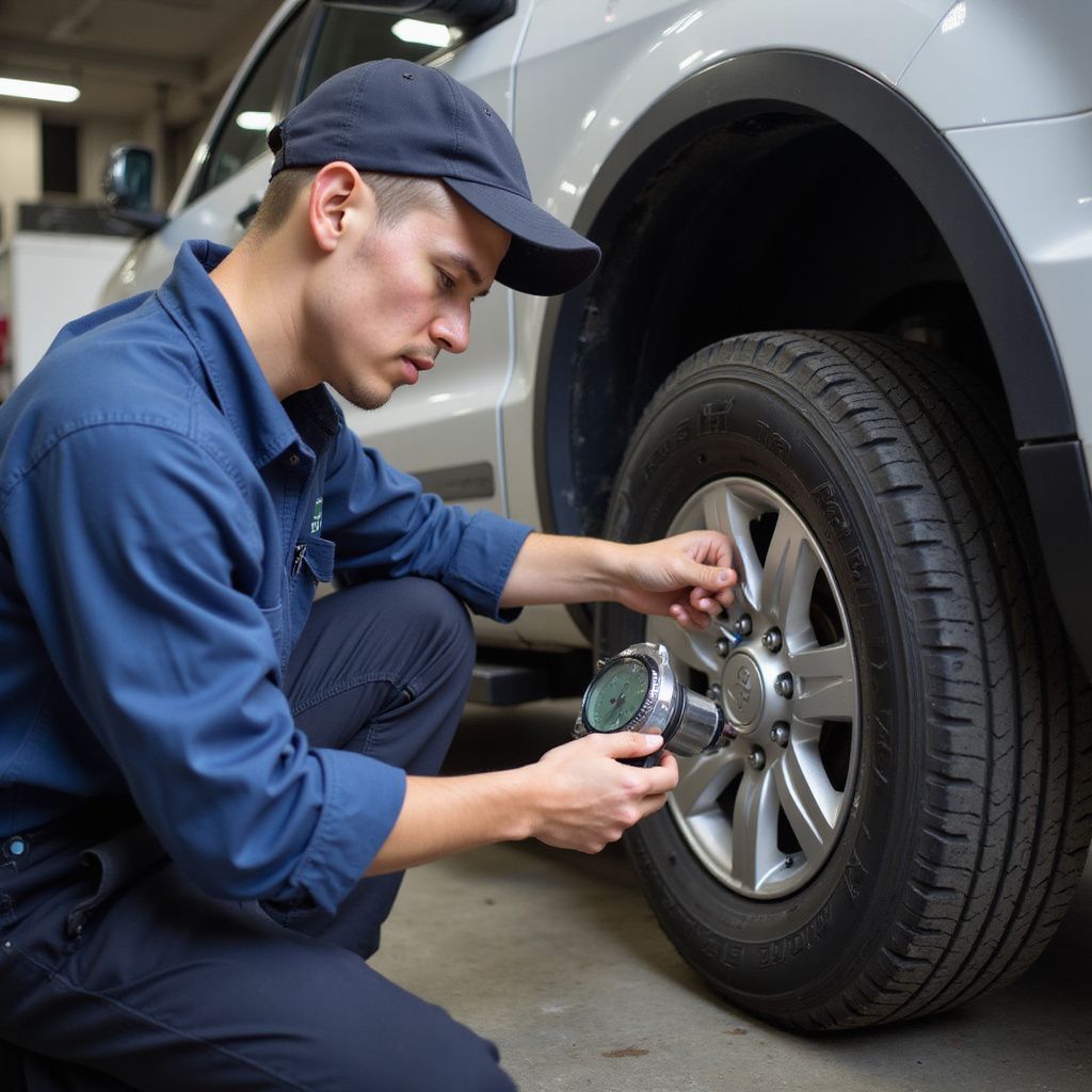 Mechanic in blue uniform checking tire pressure with a gauge near a silver car in a garage.