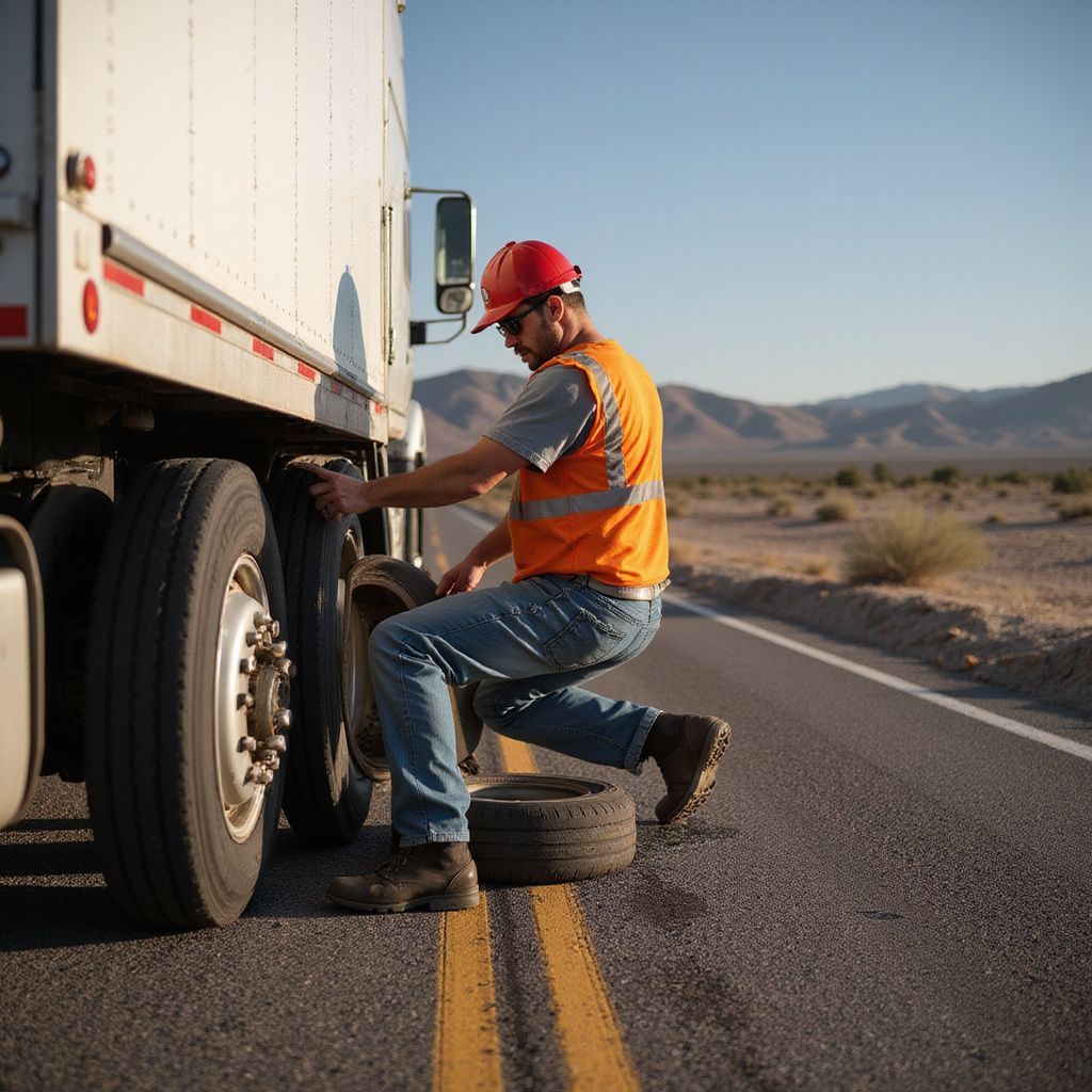 Trucker in orange vest and hard hat changing a tire on a highway.