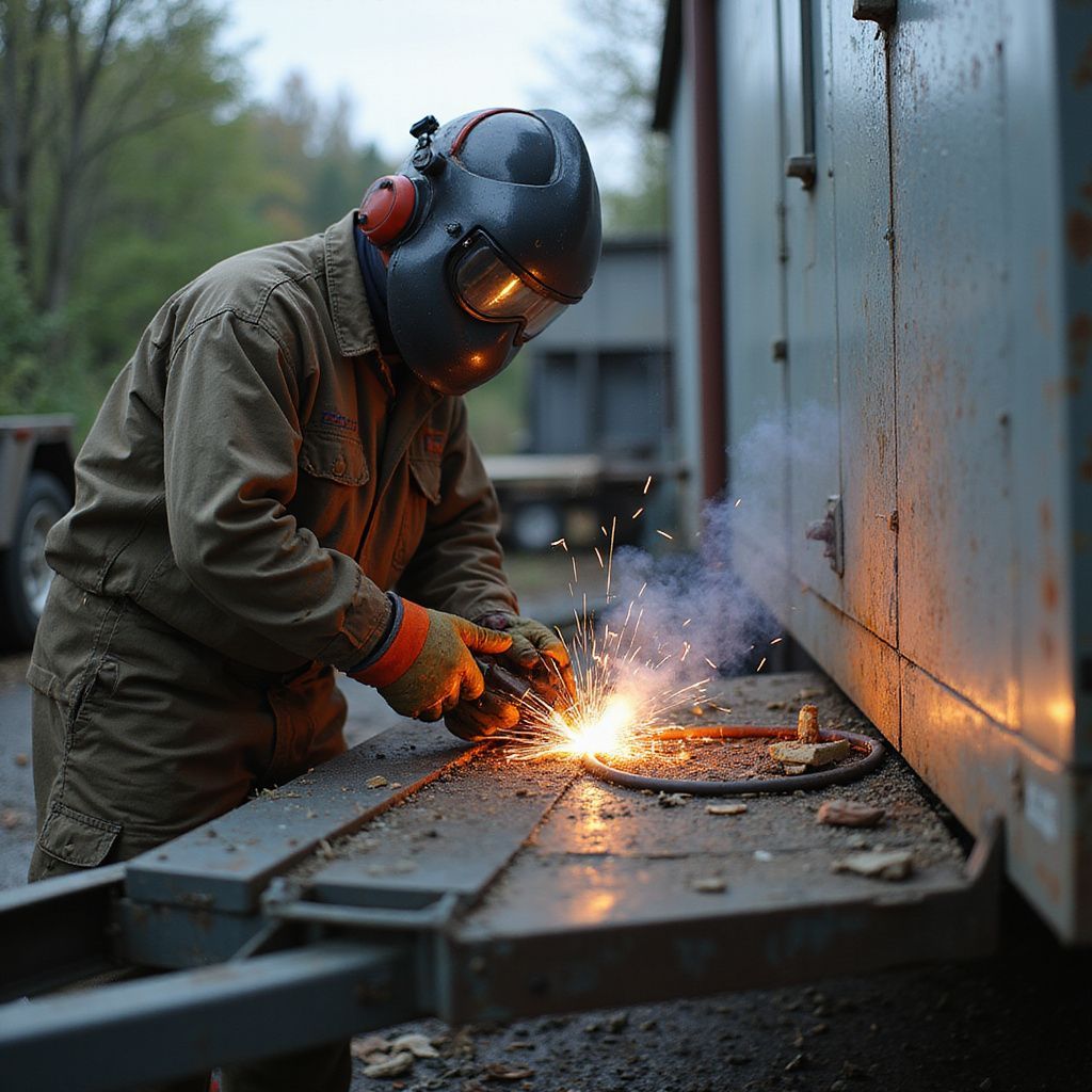 Welder in protective gear welding metal outdoors, sparks flying.