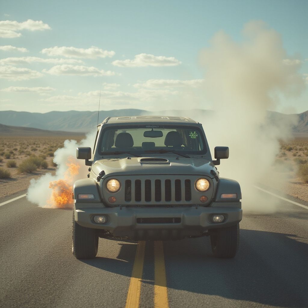 A Jeep driving on a desert road with smoke and flames billowing behind it.