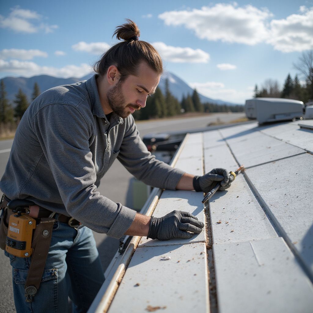 Man with bun hairstyle, wearing gloves, working on a rooftop with tool, sunny day.