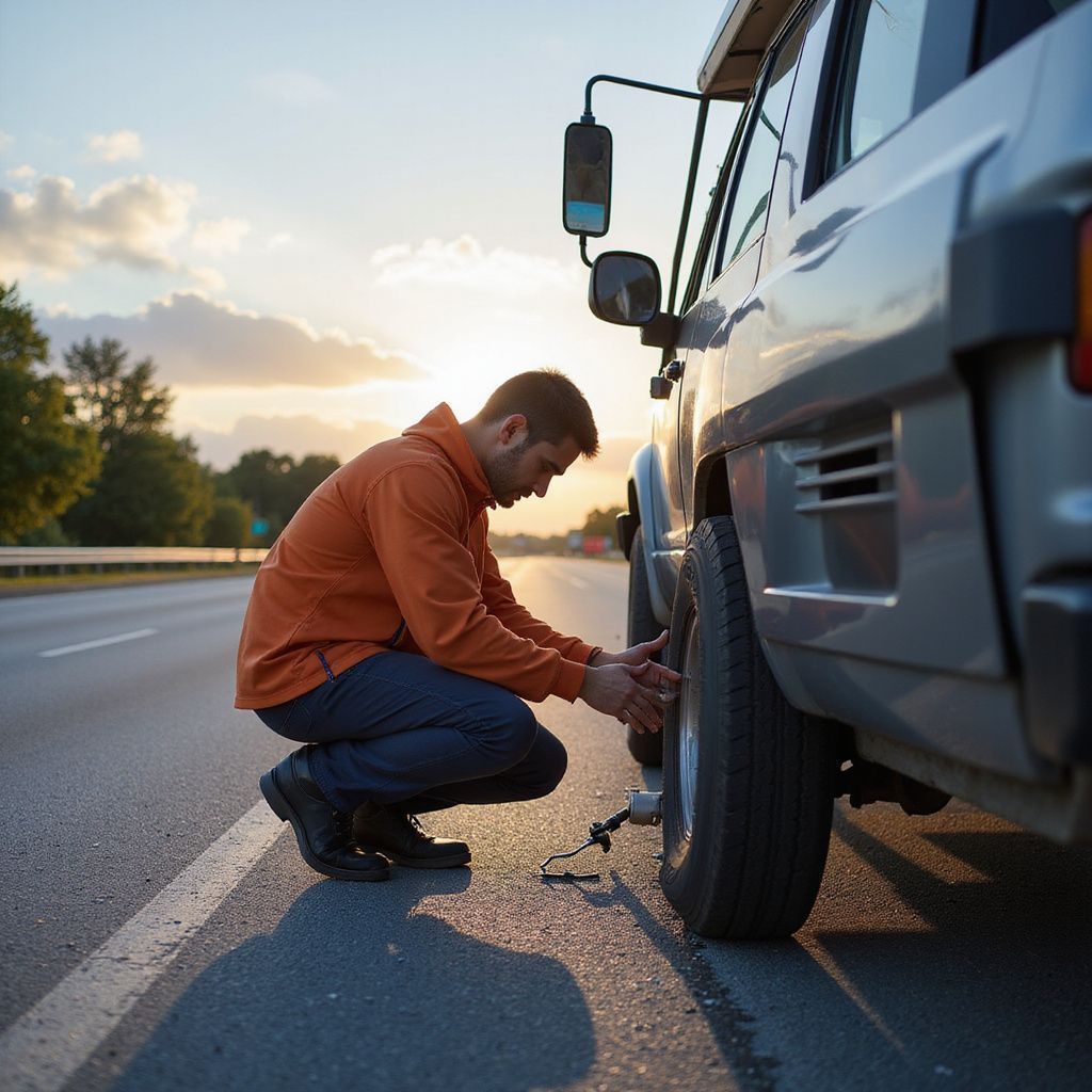 Man crouches next to a car on a road, changing a tire. Sunset in the background.