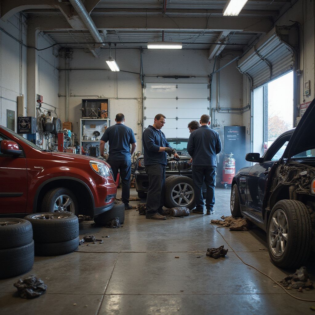 Car mechanics working inside an auto repair shop with multiple vehicles and tools.