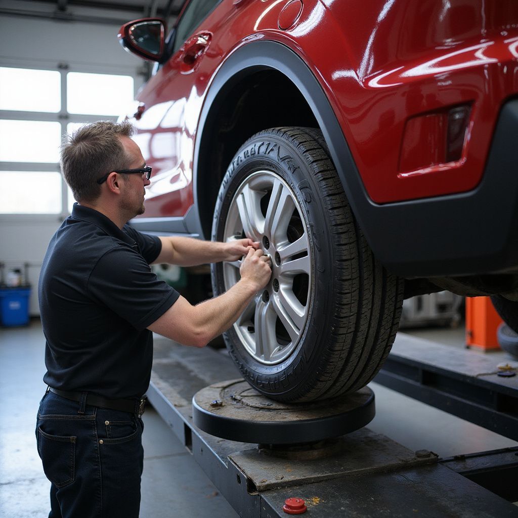 Mechanic in black shirt tightening lug nuts on a red car tire at a repair shop.