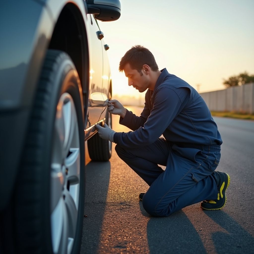 Mechanic kneeling by car, working on the door. Sunlight, wearing blue uniform and gloves.