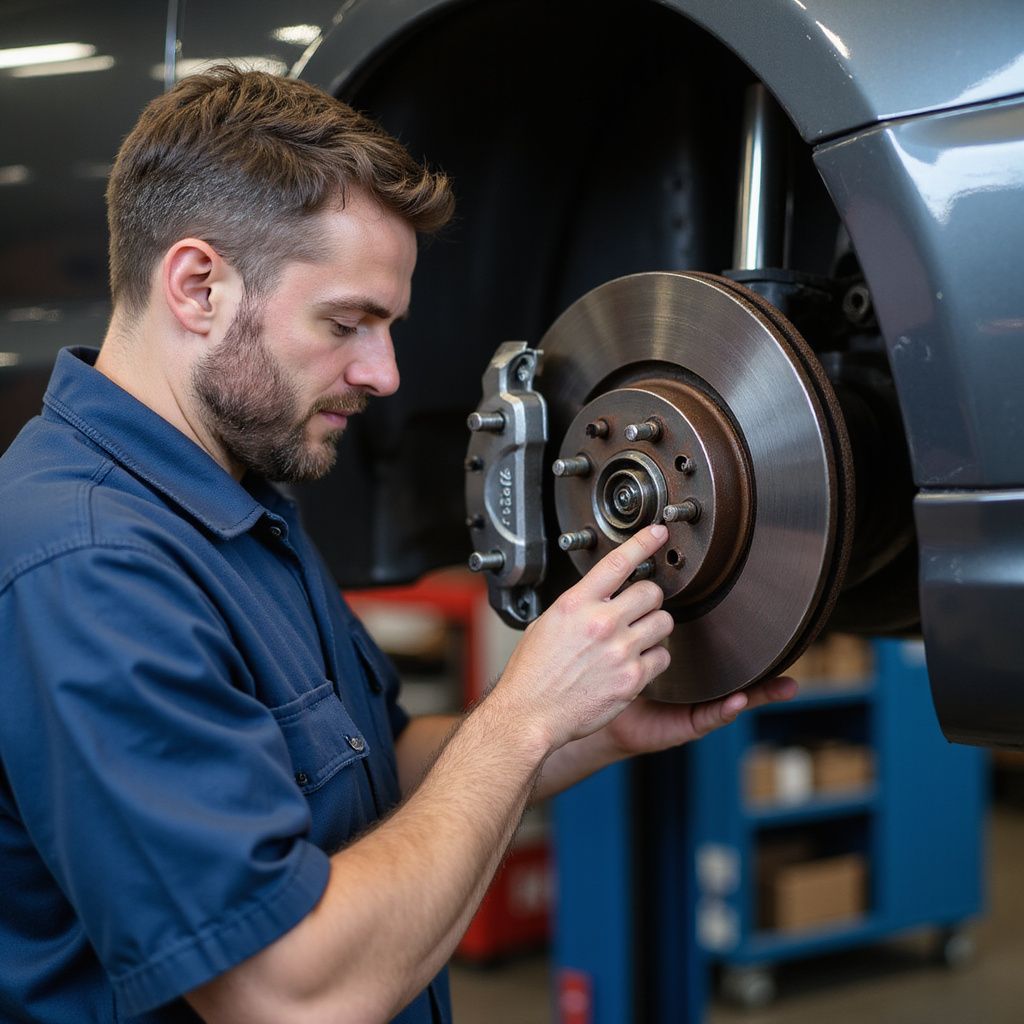 Mechanic in blue shirt inspecting car brake disc in a garage.