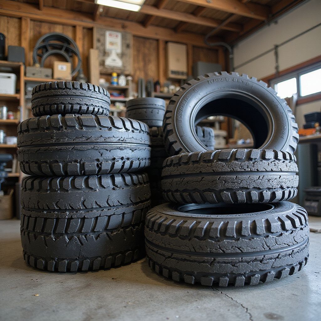 Stacks of used black tires inside a garage with wooden walls.