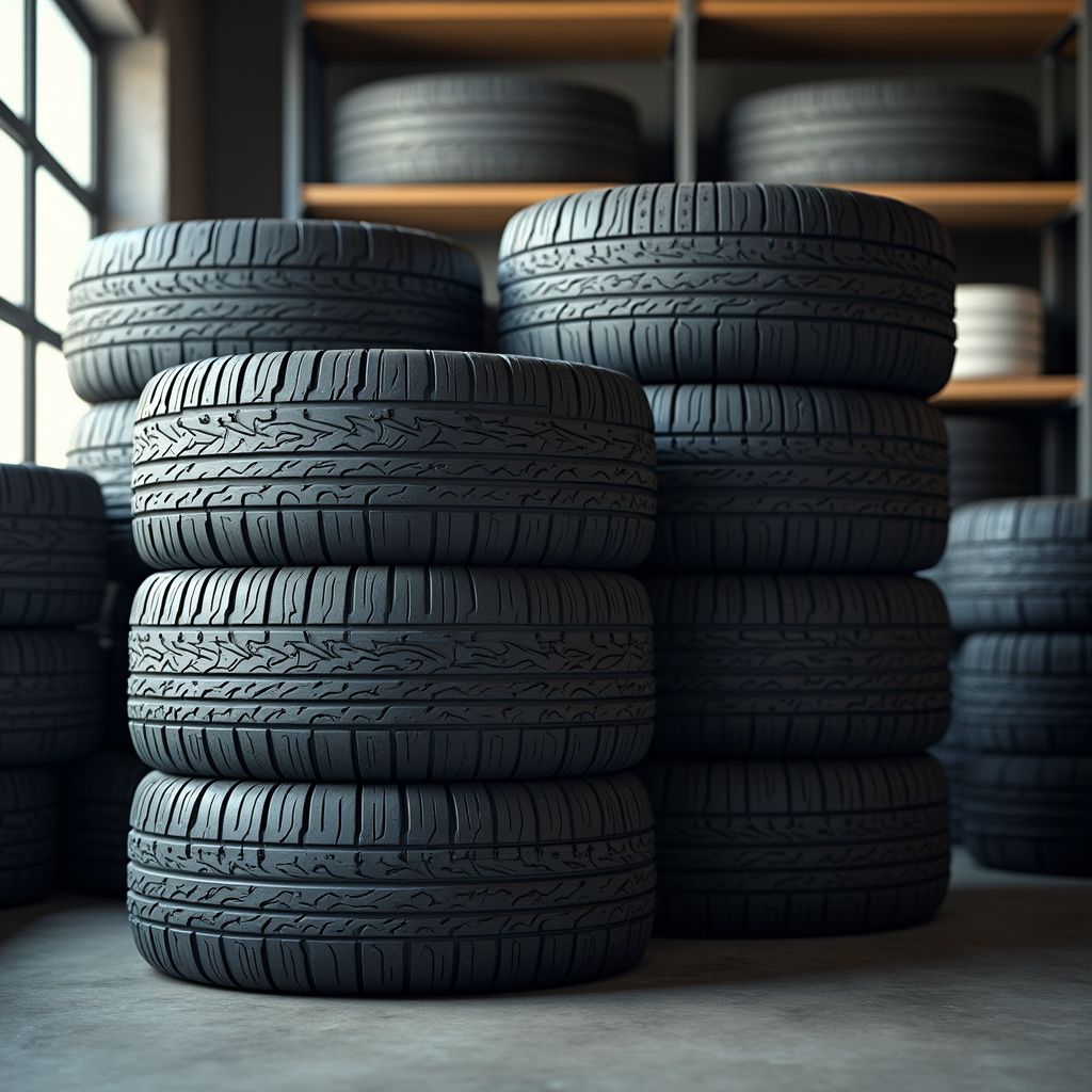 Stacks of black tires inside a garage or storage space. Shelves of more tires in the background.