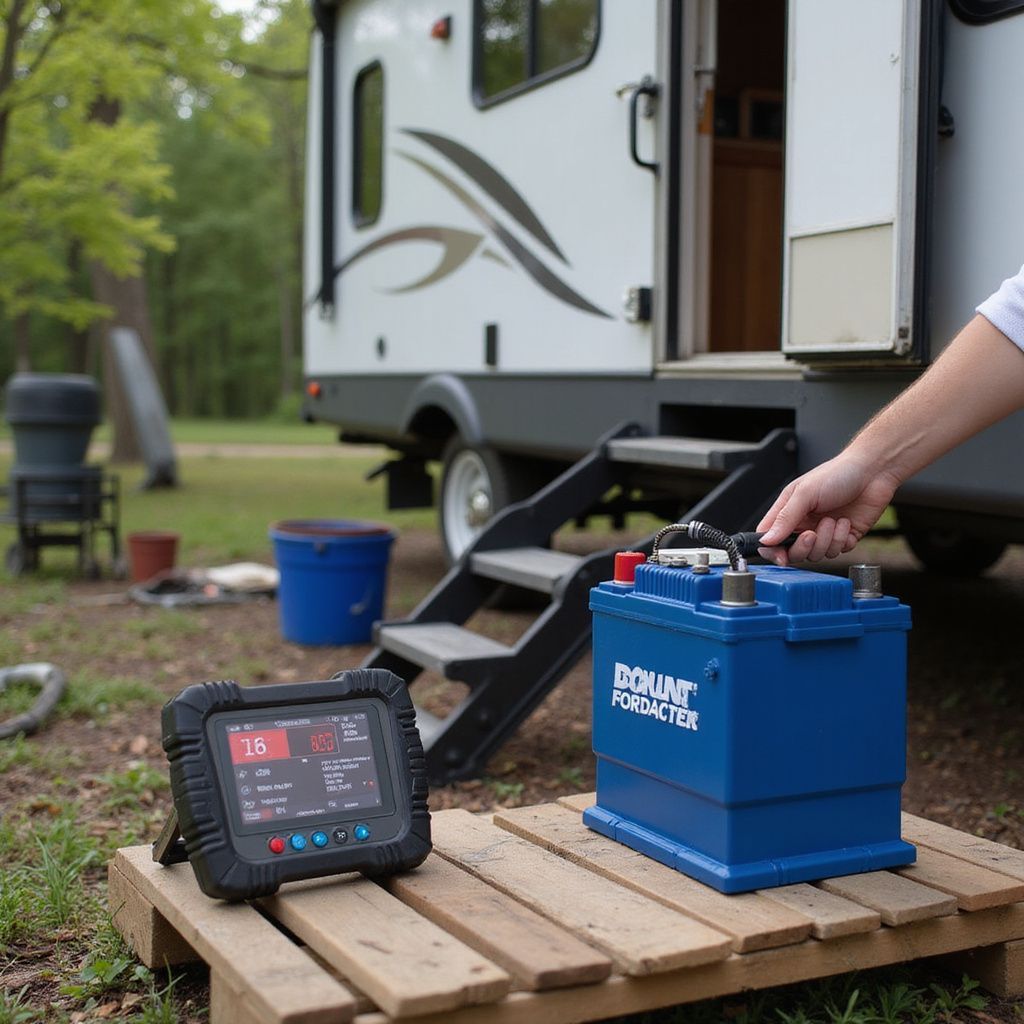 Person holding a blue battery next to a screen and a camper. The setup is on a wooden pallet outdoors.