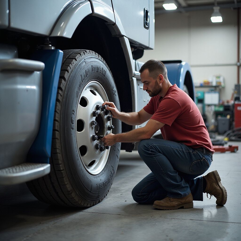 Man kneeling, tightening lug nuts on a truck tire in a garage.