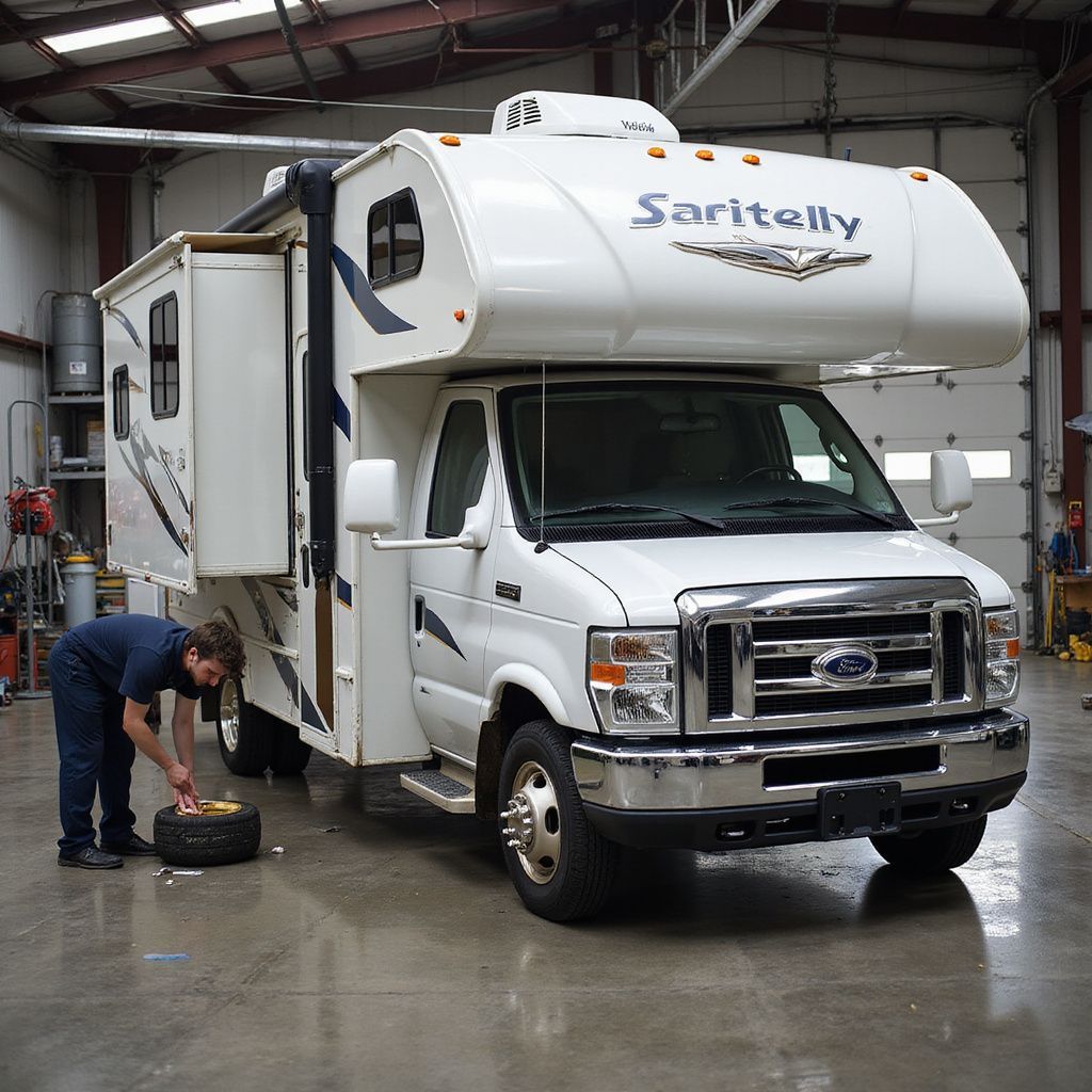 Person changing tire on a white RV inside a garage.