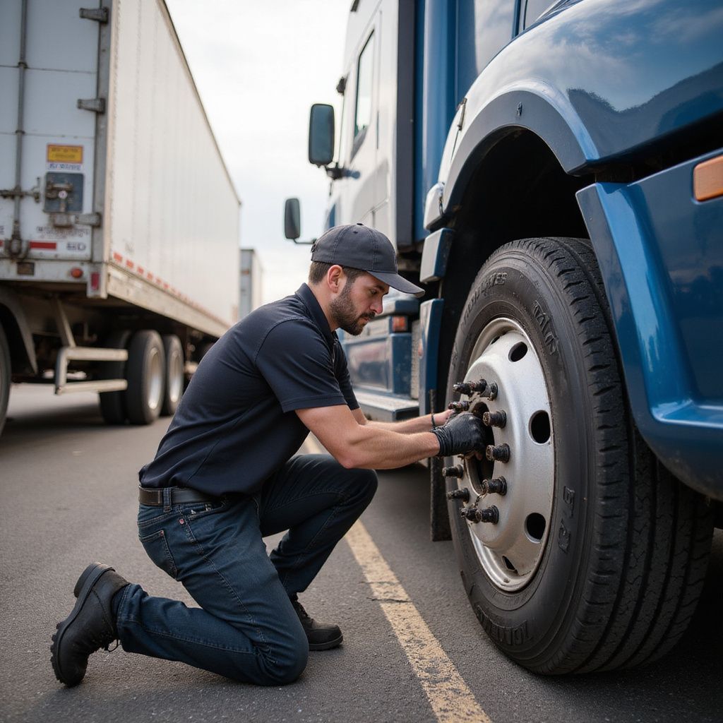 Person kneels, tightening lug nuts on a semi-truck tire. Outdoor, asphalt setting; blue truck, white trailer.