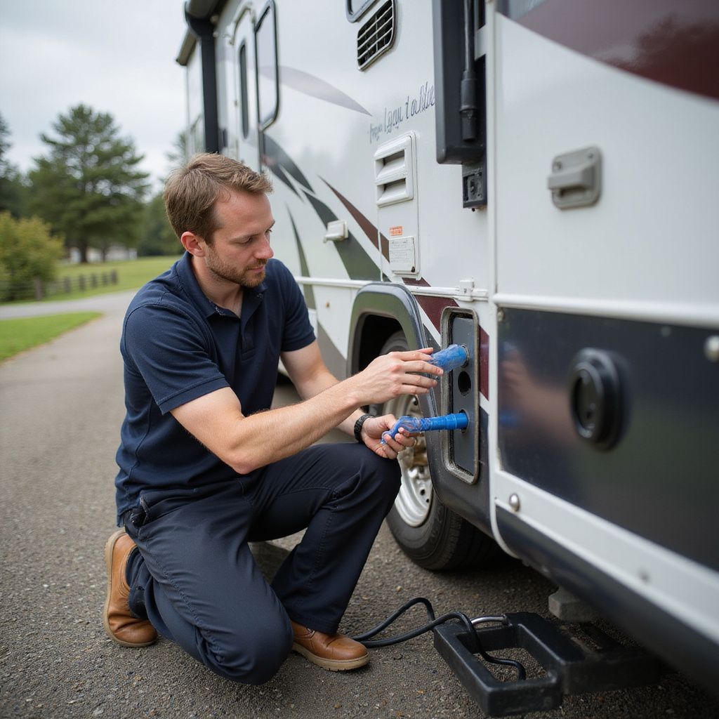 Man connecting water hoses to an RV in an outdoor setting.