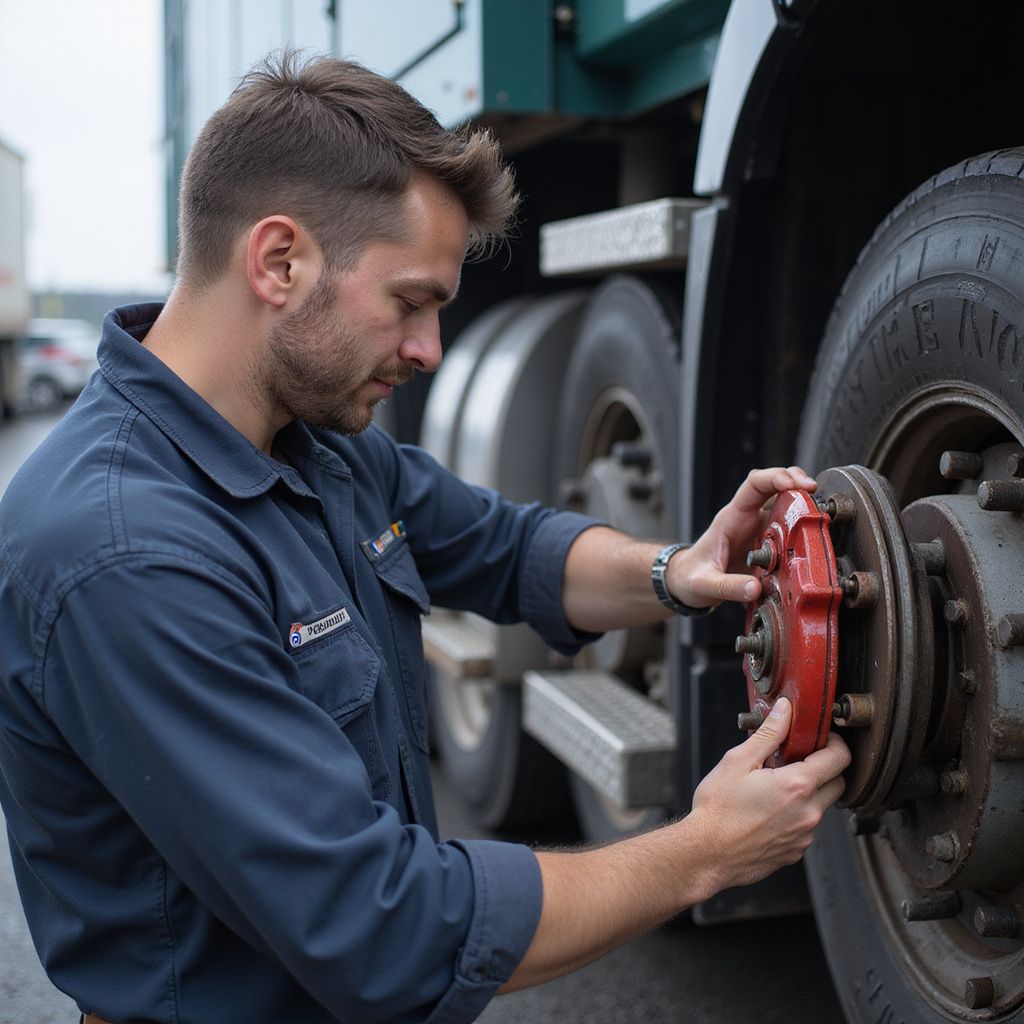 Mechanic working on the red brake of a truck wheel. Wearing blue work shirt, outdoors.