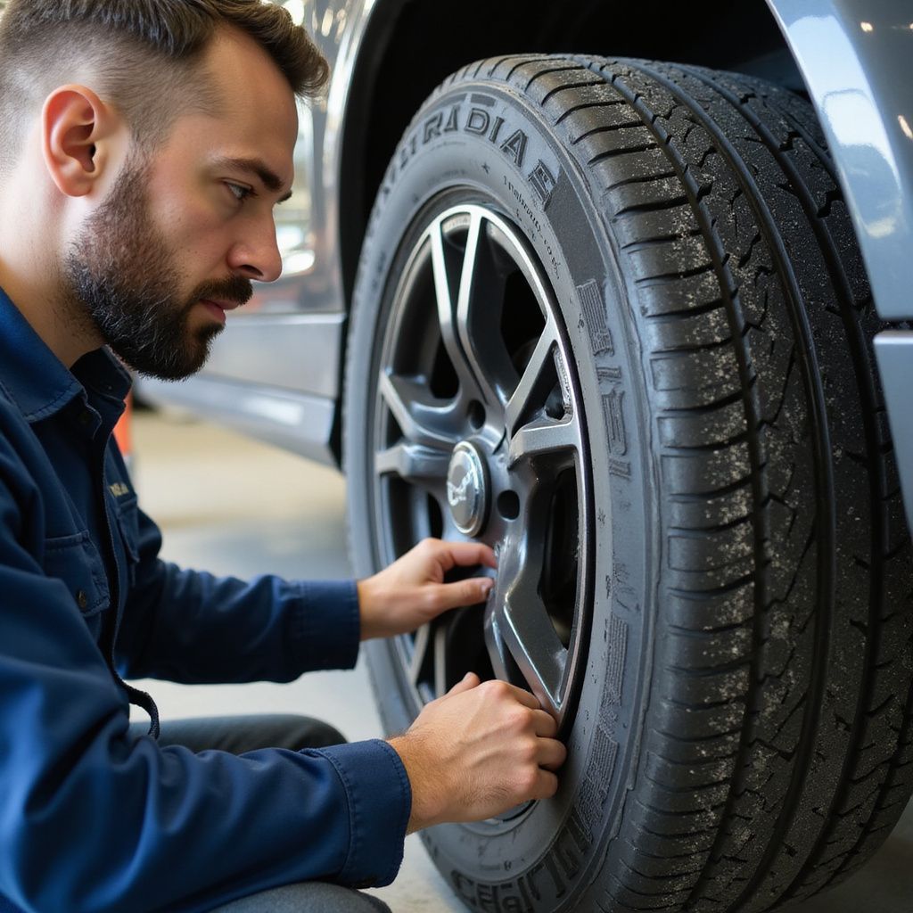 Man inspecting a car tire. He's kneeling, wearing a blue shirt, in a garage setting.