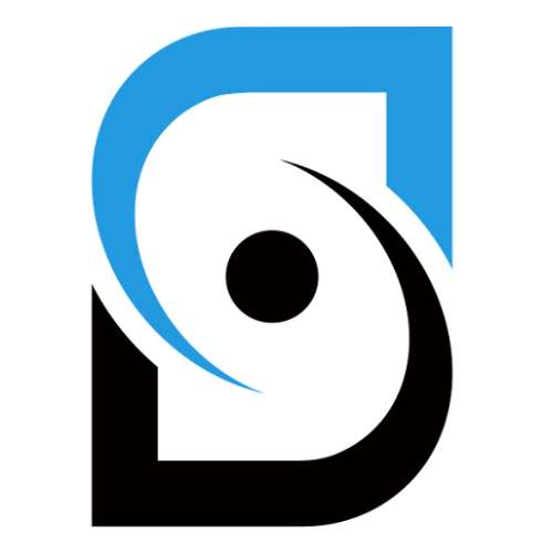 Abstract black-and-blue logo with a central dot and curved shapes forming an S-like design
