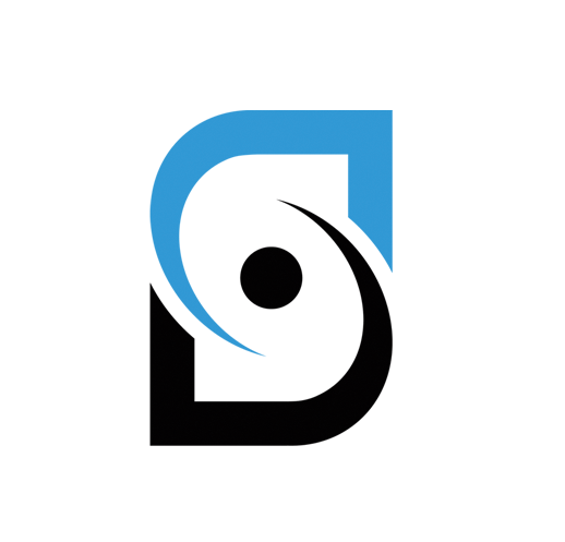 Abstract black, white, and blue logo with a stylized eye and circular dot