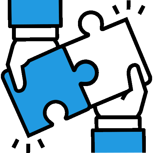 Hands fitting together blue and white puzzle pieces icon