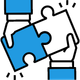 Hands fitting together blue and white puzzle pieces icon