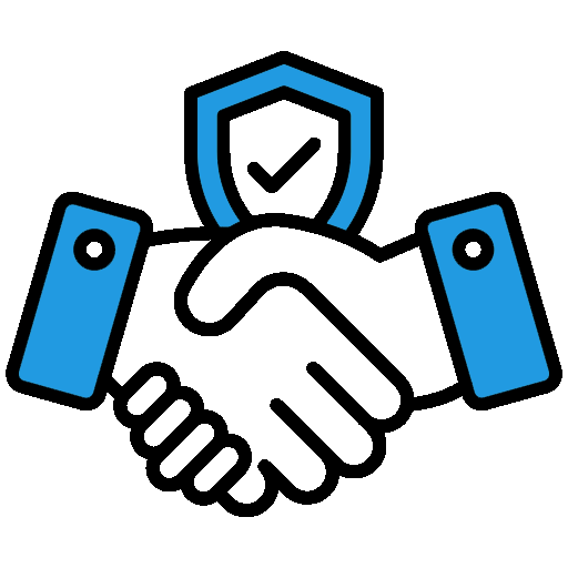 Handshake icon with blue shield and checkmark, suggesting security or trust