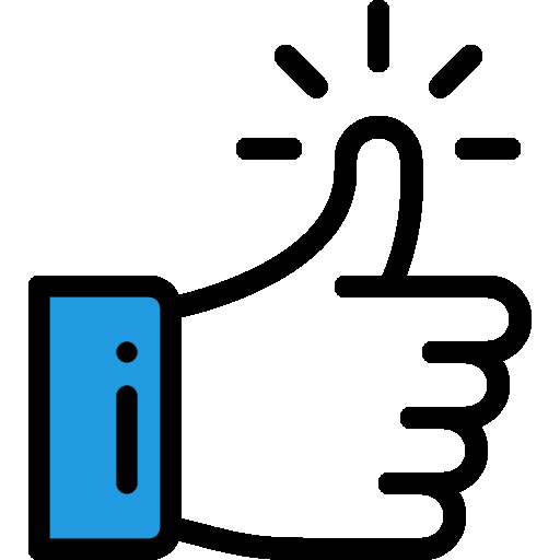 Blue-and-white thumbs-up icon with a raised hand and black accent lines