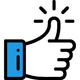 Blue-and-white thumbs-up icon with a raised hand and black accent lines
