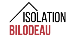 Logo pour Isolation Bilodeau, avec un contour de maison au-dessus du mot « Isolation » et le mot « Bilodeau » en rouge.