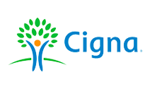 Cigna logo: blue abstract figure with outstretched arms and head reaching towards green leaves; blue text.