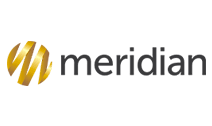 Meridian logo: Gold, spiraling graphic beside the word 
