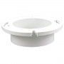 A white plastic ring with a hole in the middle on a white background.