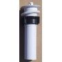 A white drain stopper is sitting on top of a wooden table.