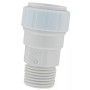 A close up of a plastic hose connector on a white background.