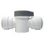 A white plastic valve with a black cap on a white background.