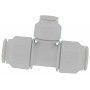 A close up of a gray plastic connector on a white background.