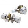 A pair of cufflinks made of stainless steel and brass on a white background.