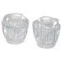A pair of clear glass faucet handles on a white background.