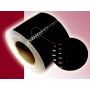 A roll of black tape is sitting on top of a pink surface.