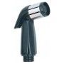 A close up of a shower head on a white background.