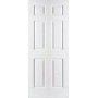A white door with six panels on a white background.
