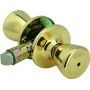 A pair of brass door knobs on a white background.